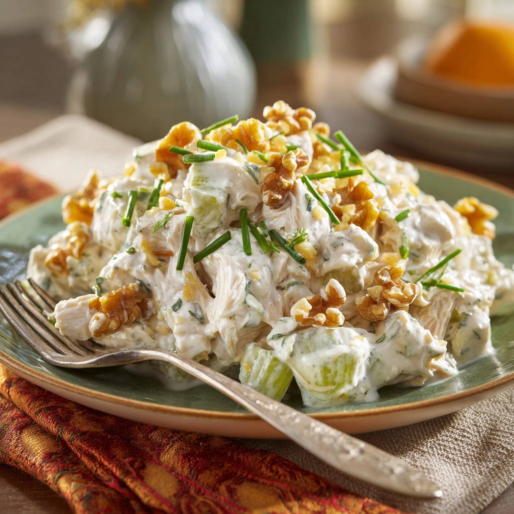 Cremiger Hähnchensalat mit Walnüssen und frischen Kräutern, nahaufnahme mit Walnüssen und Schnittlauch garniert.