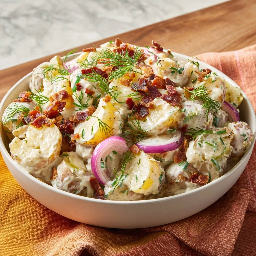 Cremiger Kartoffelsalat mit krossem Speck und frischen Kräutern, garniert mit Dill und roten Zwiebeln, in einer Schüssel serviert.