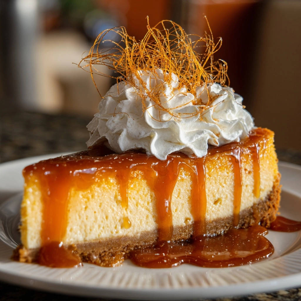 Cremiger New York Cheesecake, serviert auf einem Teller und garniert mit Schlagsahne und Karamellfäden.