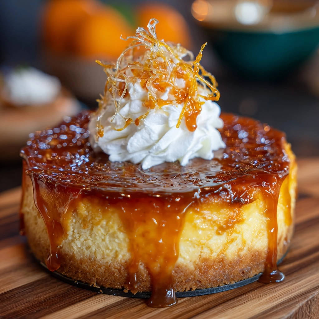 Cremiger New York Cheesecake garniert mit Schlagsahne, Karamellglasur und karamellisierten Fäden auf einem Holzbrett