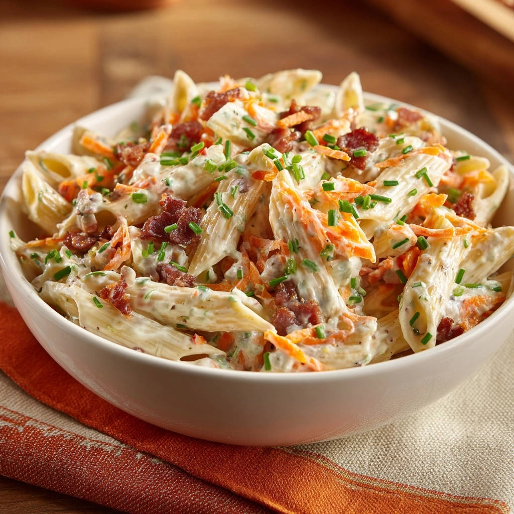 Cremiger Penne-Speck-Salat mit Karotten und Speckwürfeln, nahaufnahme der garnierten Nudeln in einer Schüssel.