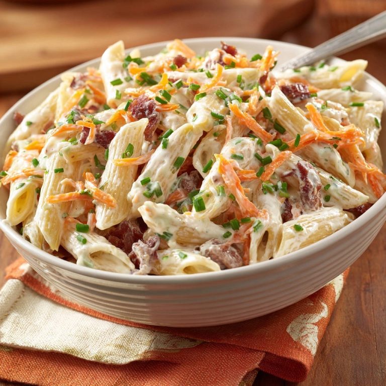 Cremiger Penne-Speck-Salat, hier nah aufgenommen und in einer Schüssel serviert, mit Speck und Karotten garniert.