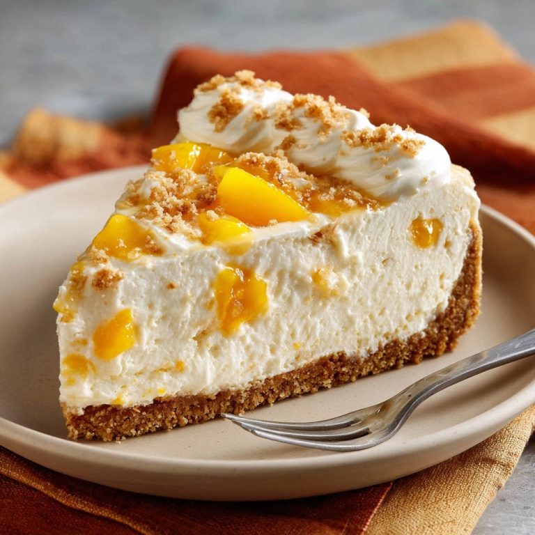 Cremiger Pfirsich-Kuchen ohne Backen, ein einzelnes Stück auf einem Teller angeschnitten mit Pfirsichstücken und Sahne.