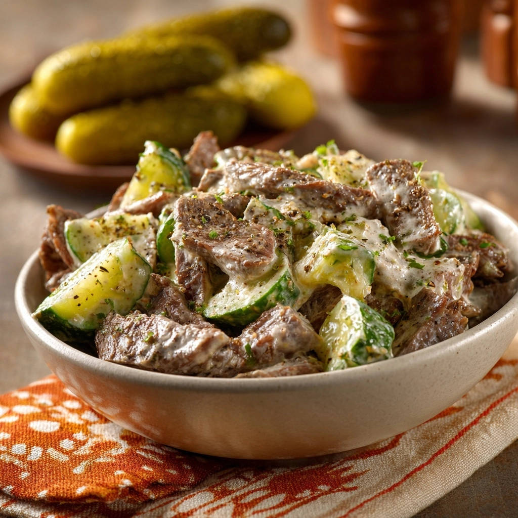 Cremiger Rindfleisch-Gurken-Salat in einer Schüssel, nah aufgenommen mit zarten Rindfleischstücken und Gurkenscheiben in cremiger Sauce.