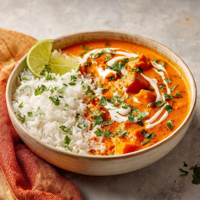 Cremiges Curry mit Reis, serviert in einer Schüssel mit frischer Limette und Koriander garniert.