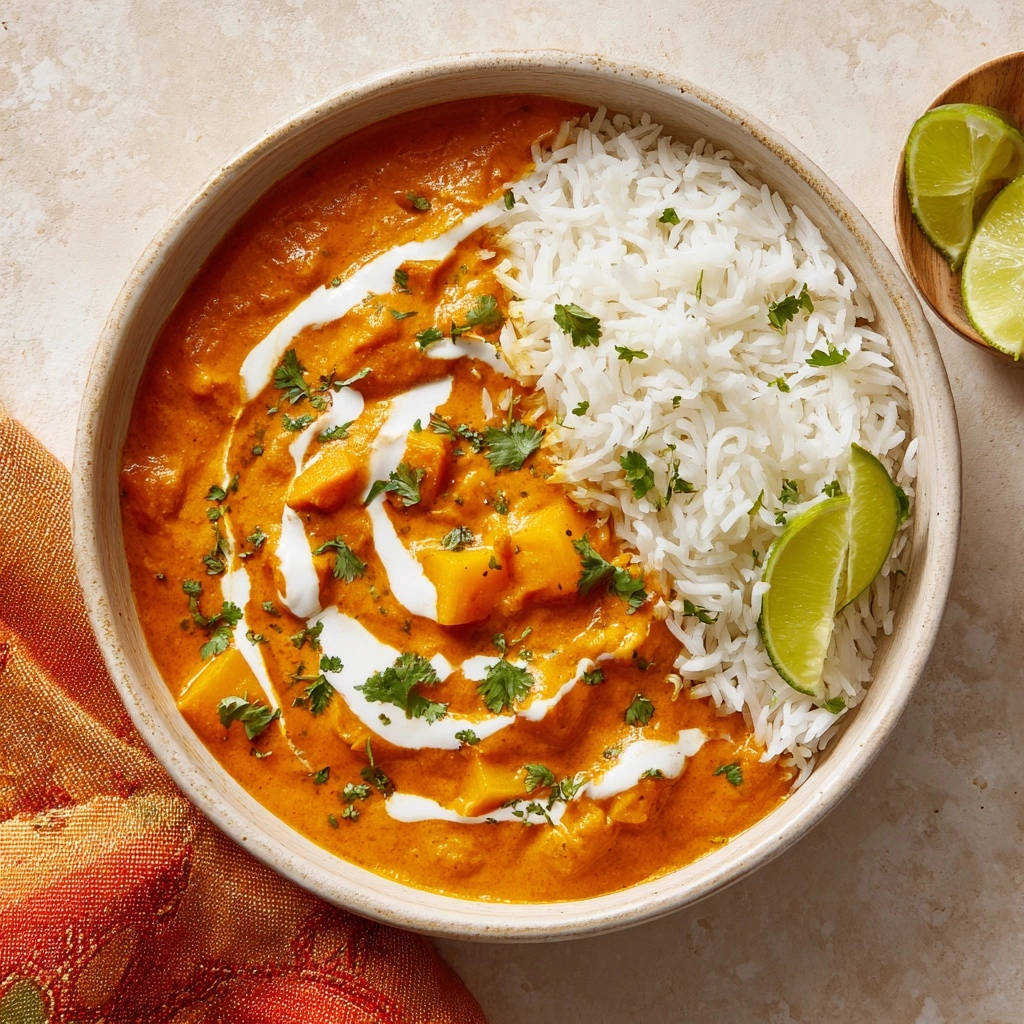 Cremiges Curry mit Reis von oben mit Koriander und einem Klecks Sahne garniert, neben frischen Limettenspalten serviert.