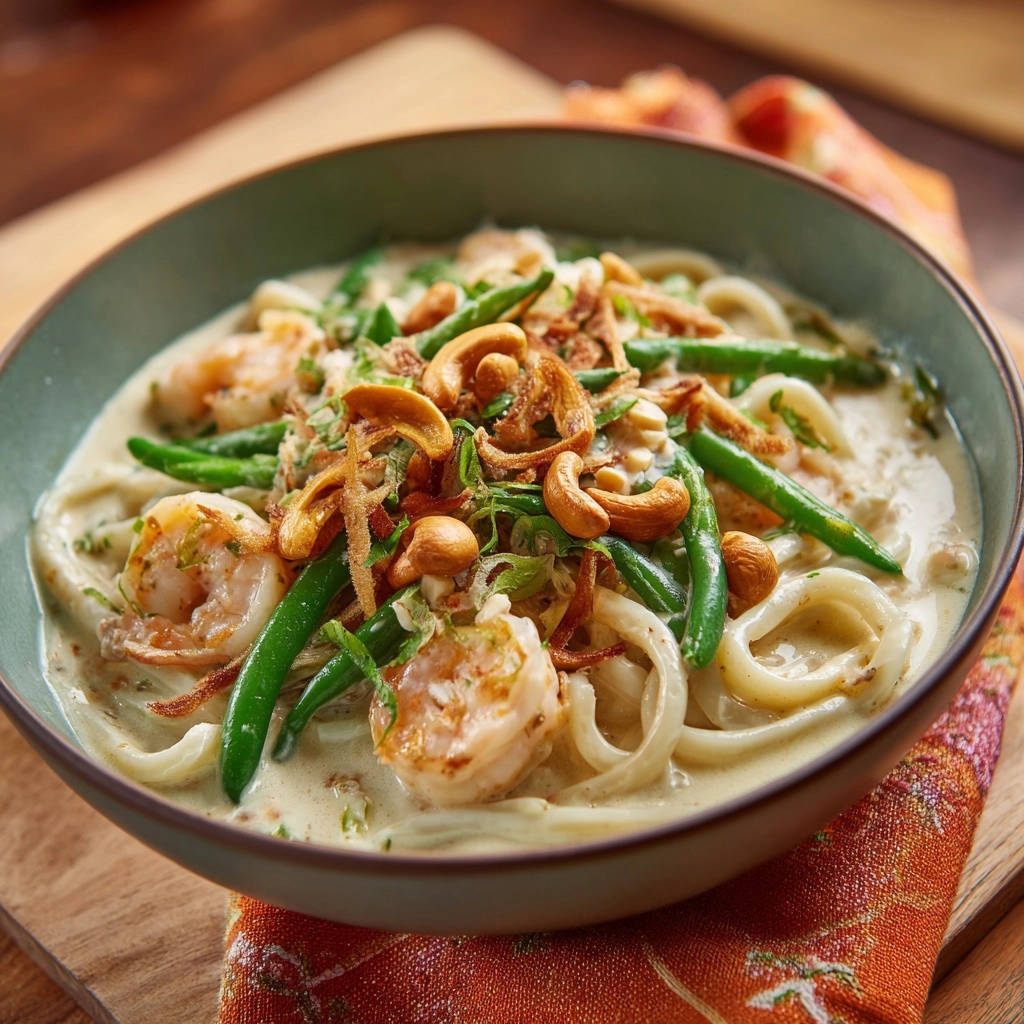 Cremiges Garnelen-Udon-Curry, Nahaufnahme der Garnelen, Zuckerschoten und Cashewkerne in der cremigen Sauce.
