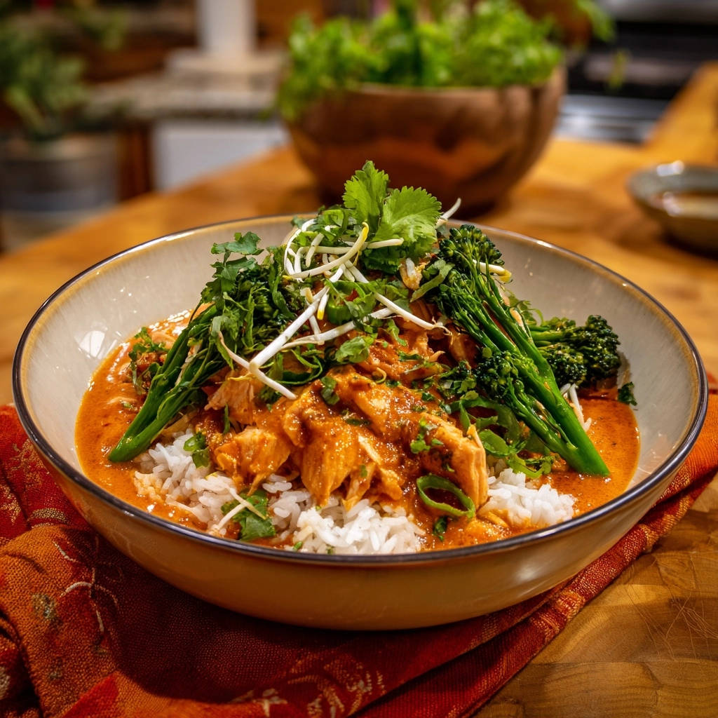 Cremiges Hähnchen-Curry mit Brokkolini serviert mit Reis, garniert mit frischen Kräutern und Sprossen in einer Schüssel.