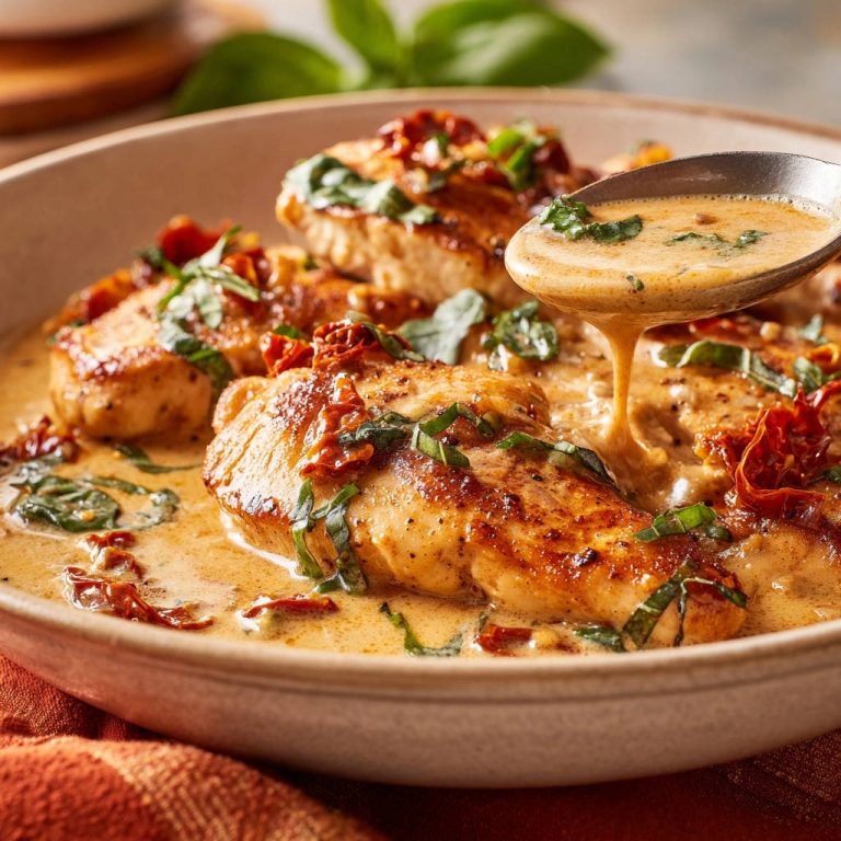 Cremiges Hähnchen mit getrockneten Tomaten und Basilikum, serviert mit einer Sauce, die von einem Löffel tropft.