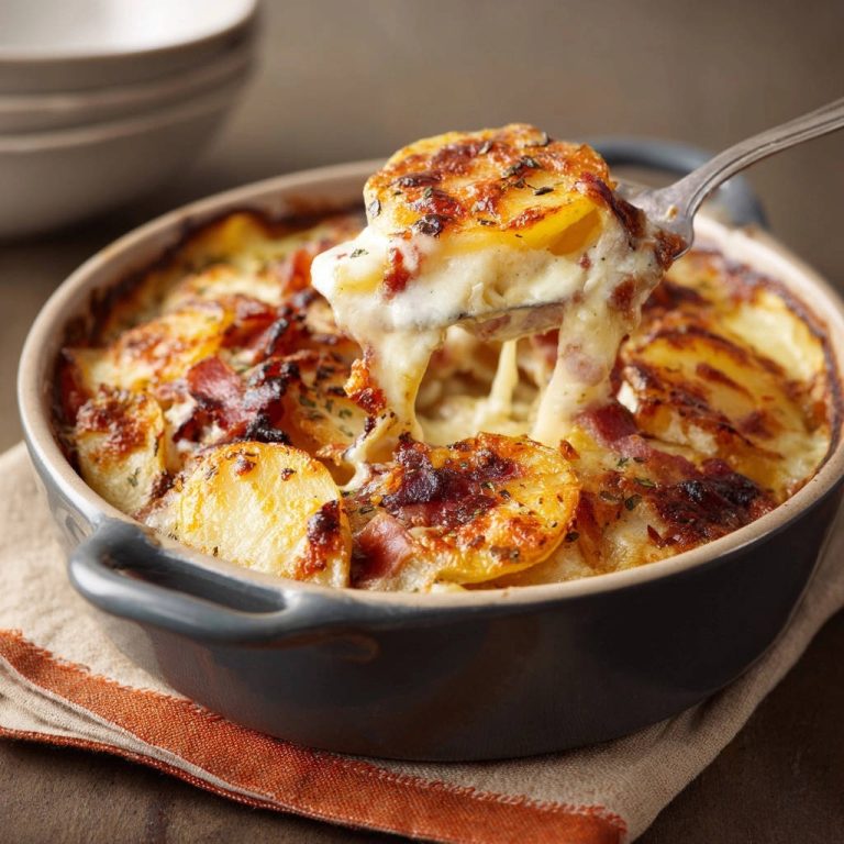 Cremiges Kartoffel-Gratin mit knusprigem Topping, das auf einer Gabel serviert wird und Fäden zieht