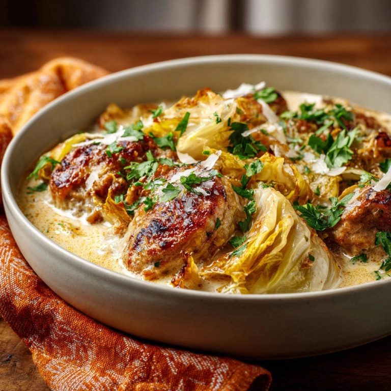 Deftige Frikadellen mit Rahmkohl als Nahaufnahme in einer Schüssel, garniert mit Petersilie und Parmesan.