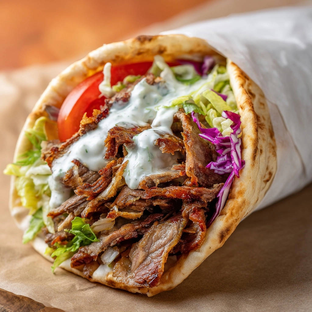 Saftiger Döner-Style Wrap für Zuhause, Nahaufnahme der zarten Fleischfüllung mit Gemüse und Joghurtsoße