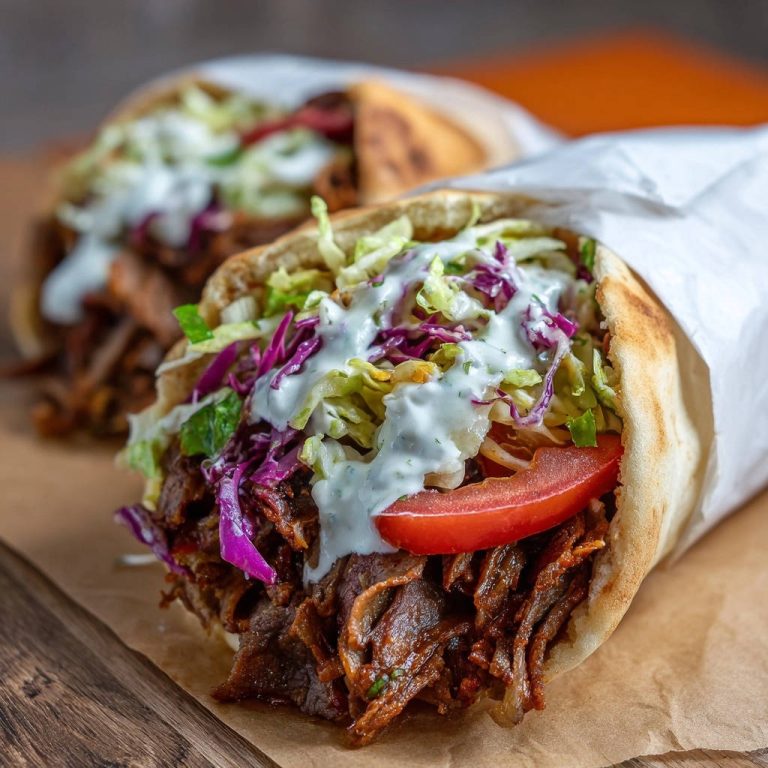 Saftiger Döner-Style Wrap für Zuhause, nah aufgenommen mit Blick auf das zarte Fleisch und frisches Gemüse.