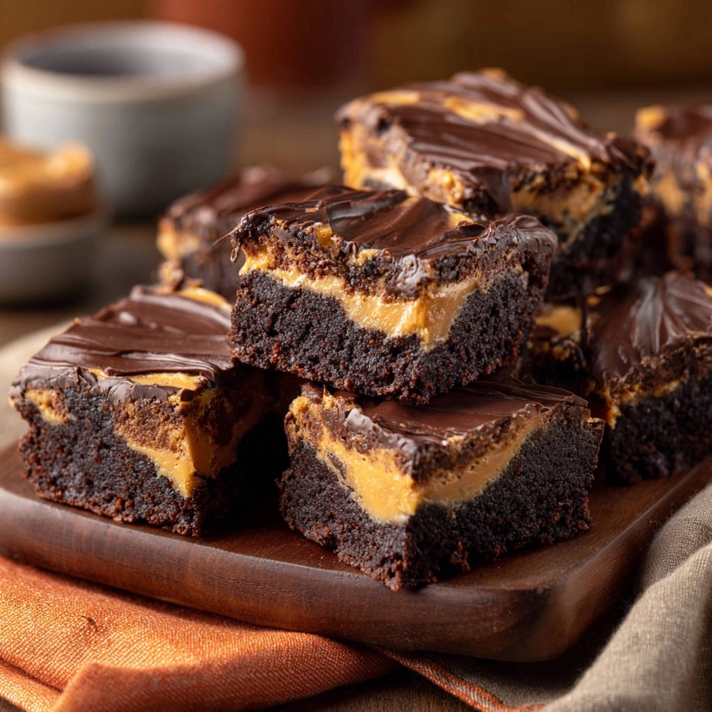 Erdnussbutter Swirl Brownies angeschnitten auf einem Holzbrett mit Schokoladenglasur und cremiger Erdnussbutterfüllung.