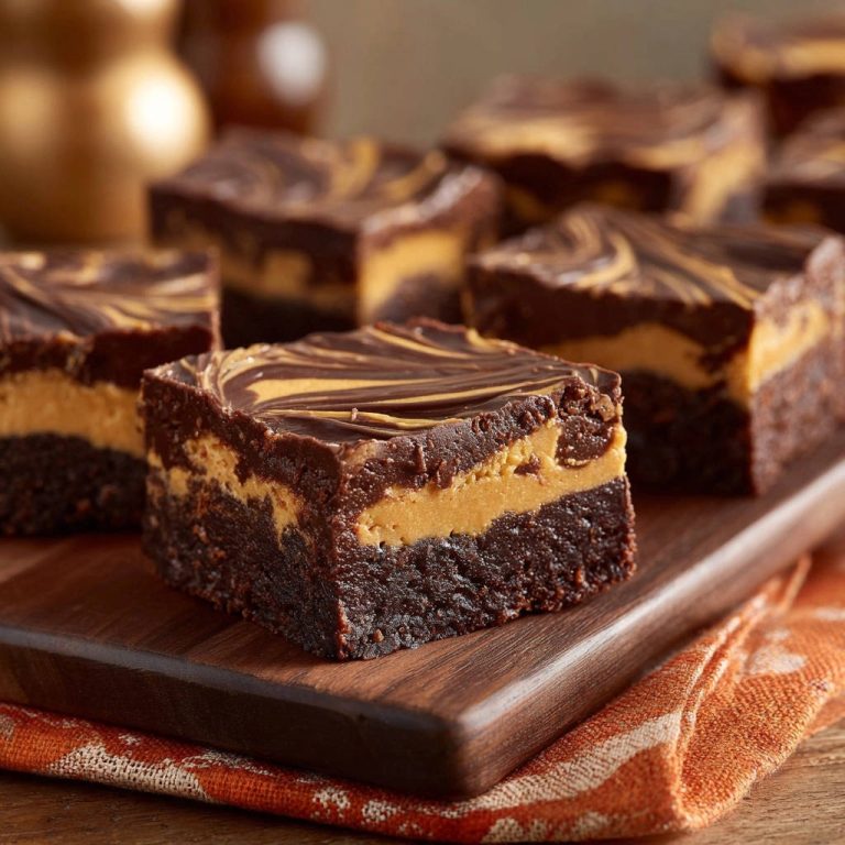 Erdnussbutter Swirl Brownies, Nahaufnahme eines quadratischen Brownies mit reichlich Erdnussbutterfüllung und Schokoladenglasur.