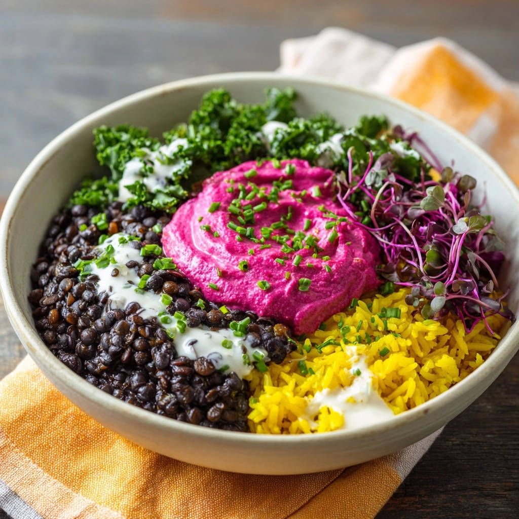 Farbenfrohe Superfood Bowl mit Linsen & Rote Bete Dip, Nahaufnahme mit cremigem Dip und frischen Beilagen.