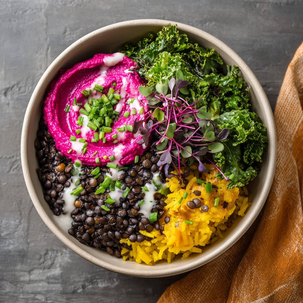 Farbenfrohe Superfood Bowl mit Linsen & Rote Bete Dip als Draufsicht in einer Schüssel mit orangefarbenem Tuch