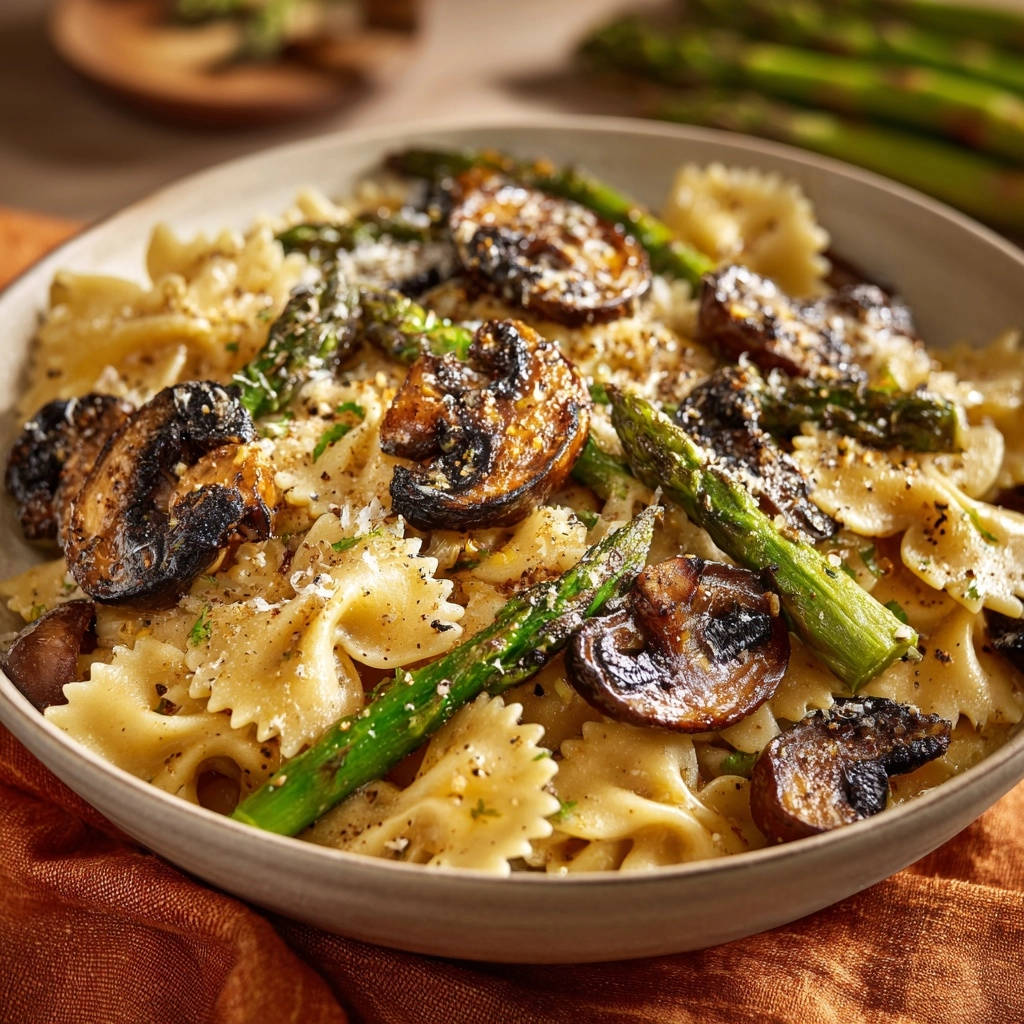 Farfalle mit gebratenen Pilzen & Spargel, nahaufnahme der cremigen Pasta mit gegrillten Pilzen und grünem Spargel.