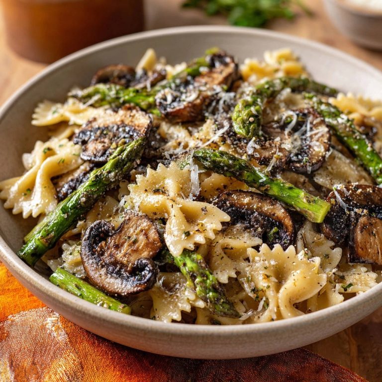 Farfalle mit gebratenen Pilzen & Spargel in einer Schüssel, nahaufnahme der cremigen Pasta mit Garnitur.