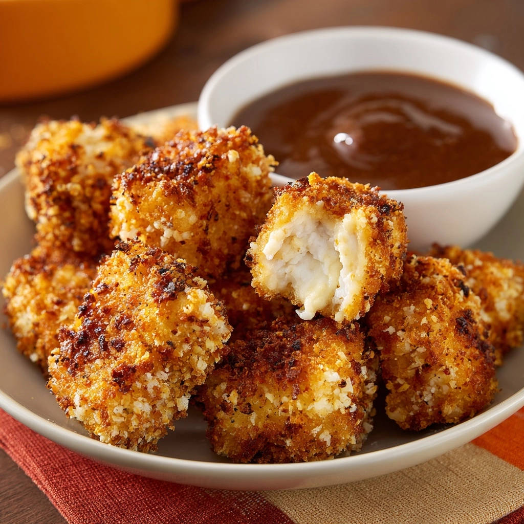 Knusprige Fisch-Nuggets mit würzigem Dipp, ein Nugget angeschnitten, das den saftigen Fisch zeigt, serviert mit einem Dip.