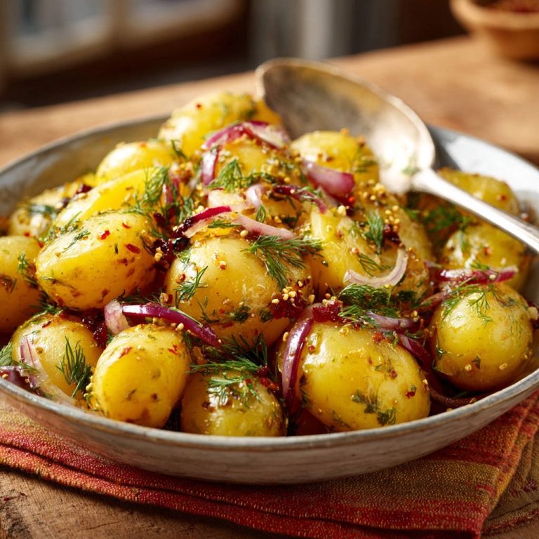 Frühlingshafter Kartoffelsalat mit Dill und Senfsaat, nahaufnahme des servierten Salats mit frischen Kräutern und roten Zwiebeln.