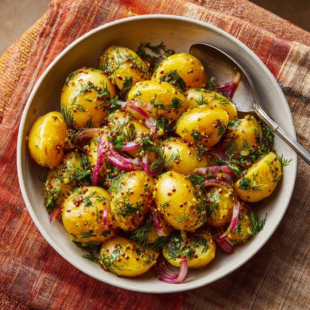 Frühlingshafter Kartoffelsalat mit Dill und Senfsaat, von oben in einer Schüssel mit Löffel und Serviette.