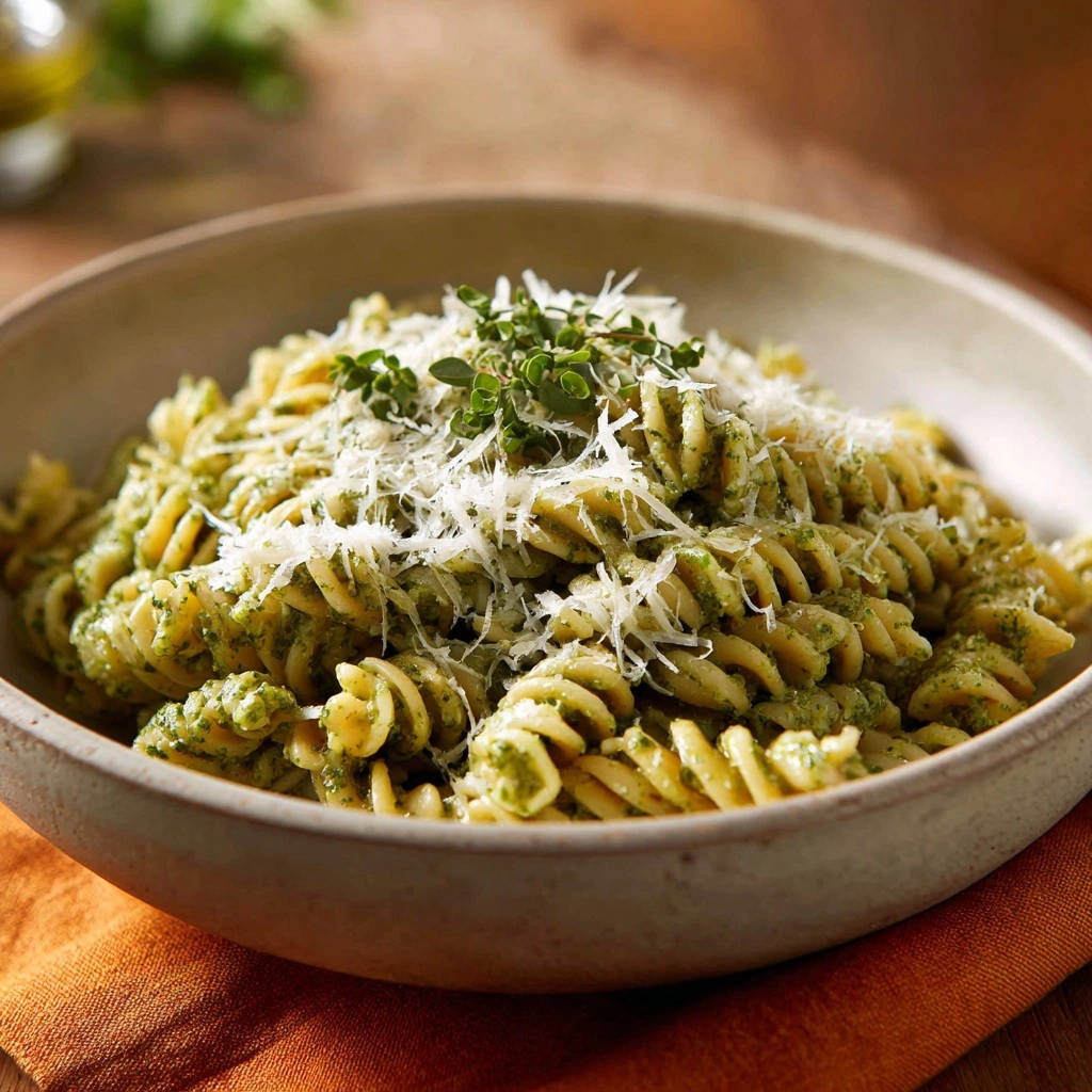 Fusilli al Pesto Genovese, eine Spirallnudel mit Basilikumpesto, garniert mit geriebenem Parmesan und frischen Kräutern.