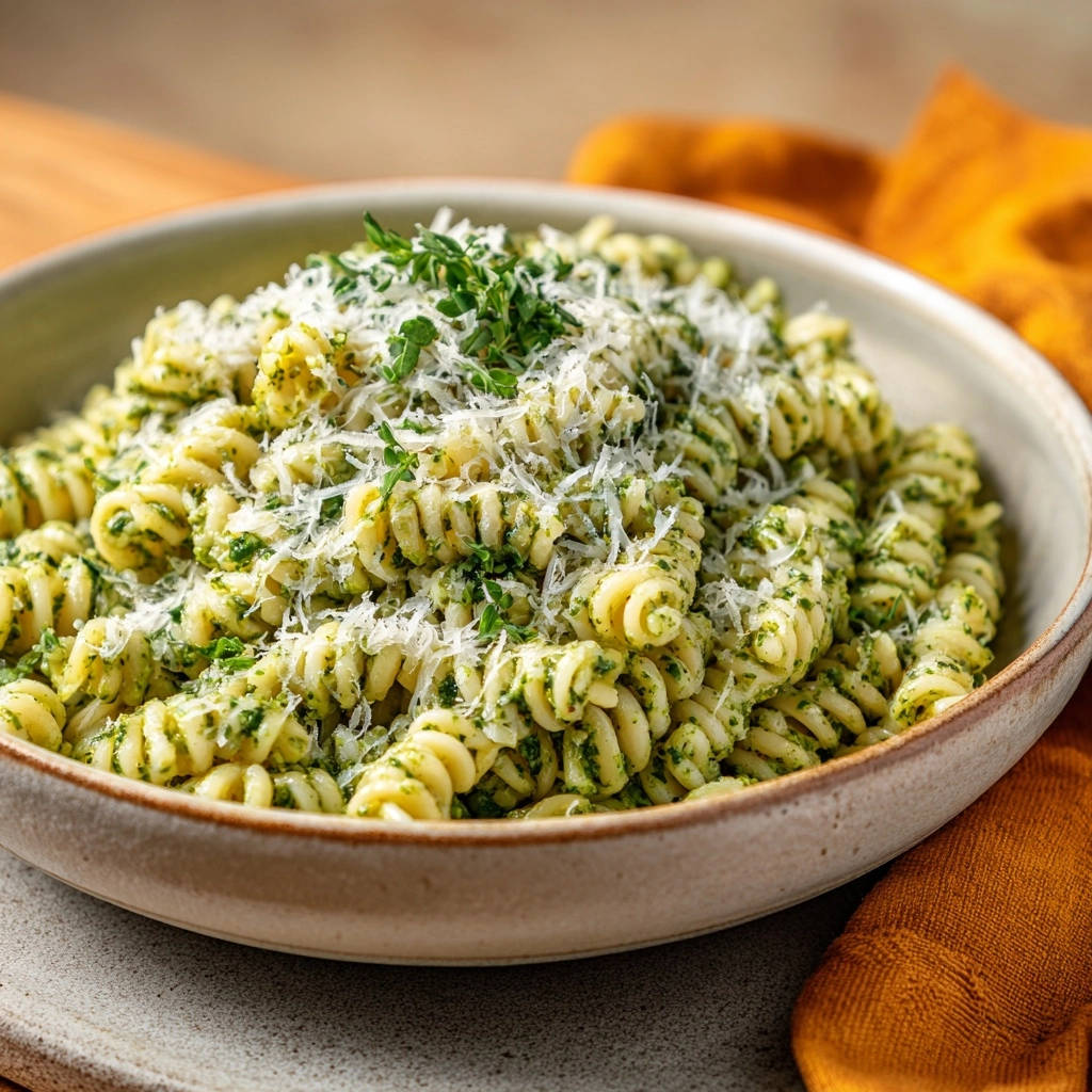 Fusilli al Pesto Genovese, eine Nahaufnahme des mit frisch geriebenem Parmesan und Kräutern garnierten Nudelgerichts.