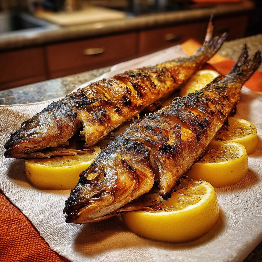 Ganzer gegrillter Fisch mit gerösteten Zitronenspalten auf einem rustikalen Tischtuch serviert.