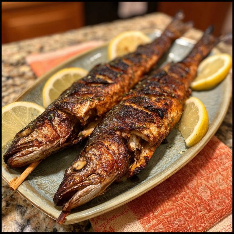 Ganzer gegrillter Fisch mit knuspriger Haut und Zitrone auf einem Teller, bereit zum Servieren.