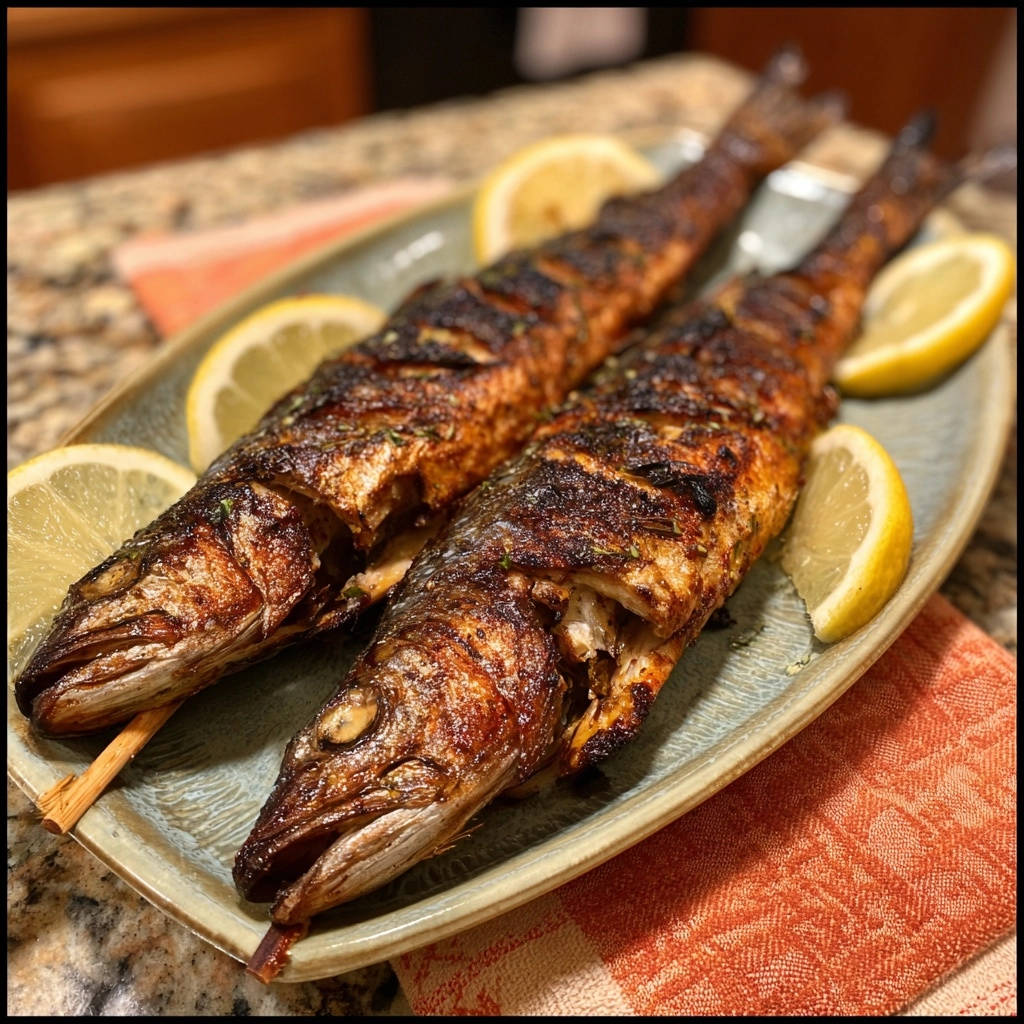 Ganzer gegrillter Fisch mit knuspriger Haut und Zitrone auf einem Teller, bereit zum Servieren.