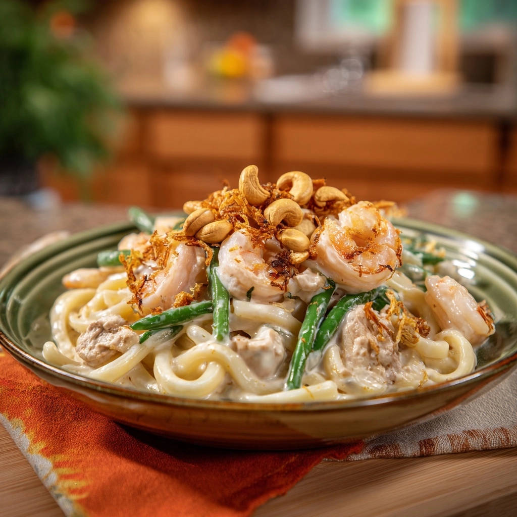 Cremiges Garnelen-Udon-Curry mit Cashew-Garnitur und grünen Bohnen, Nahaufnahme des Tellers