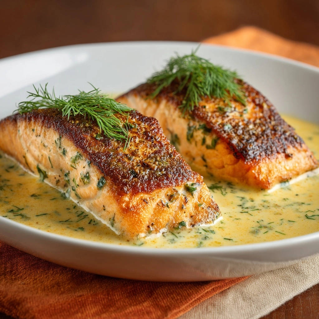 Perfekt gebratener Lachs mit Dill-Sahne-Soße auf einem weißen Teller serviert, mit knuspriger Haut und frischem Dill garniert.
