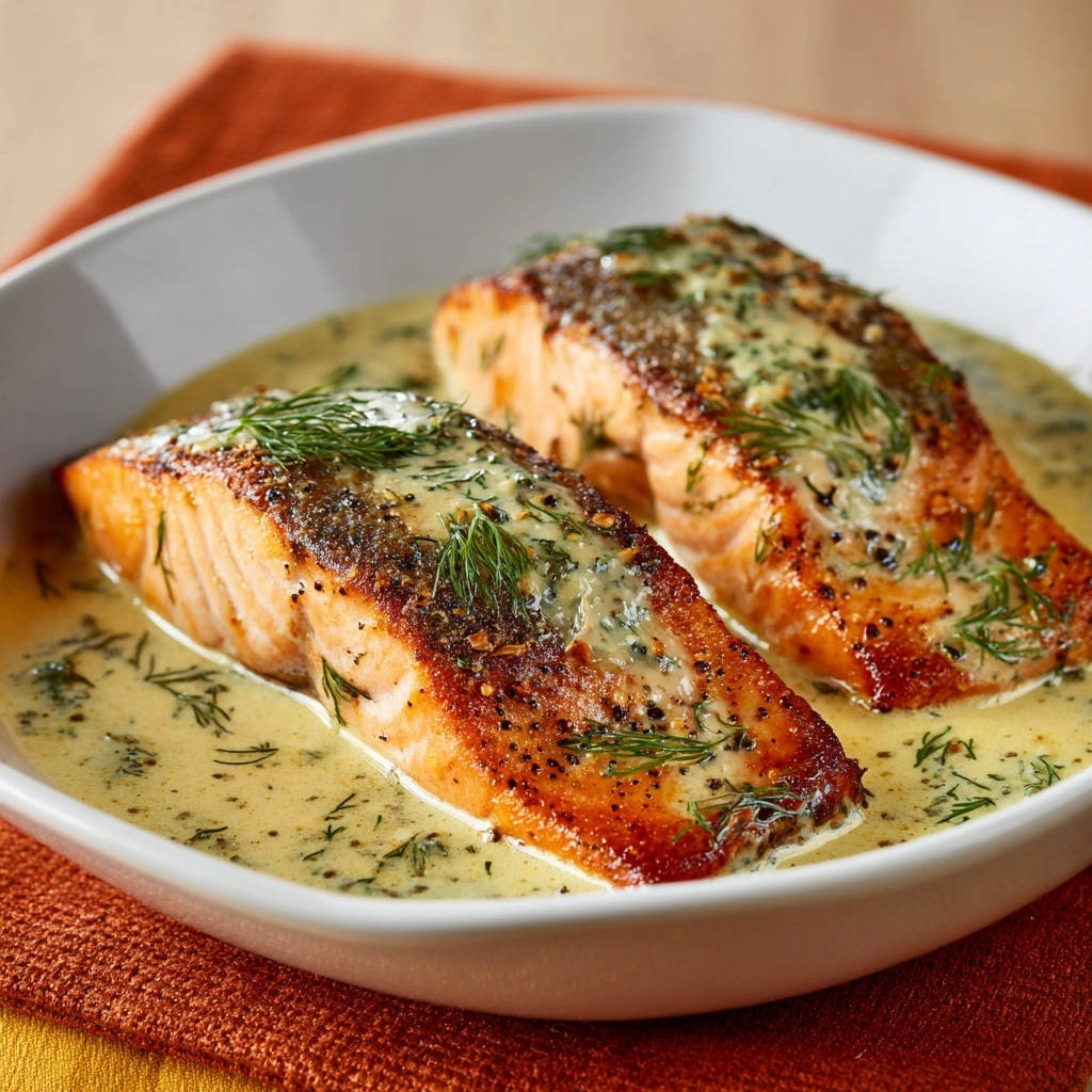 Perfekt gebratener Lachs mit Dill-Sahne-Soße, nahaufnahme mit knuspriger Haut und frischen Kräutern garniert.