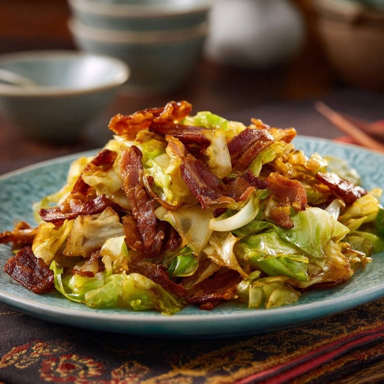 Gebratener Weißkohl mit knusprigem Bacon auf einem türkisfarbenen Teller, Nahaufnahme des Gerichts.