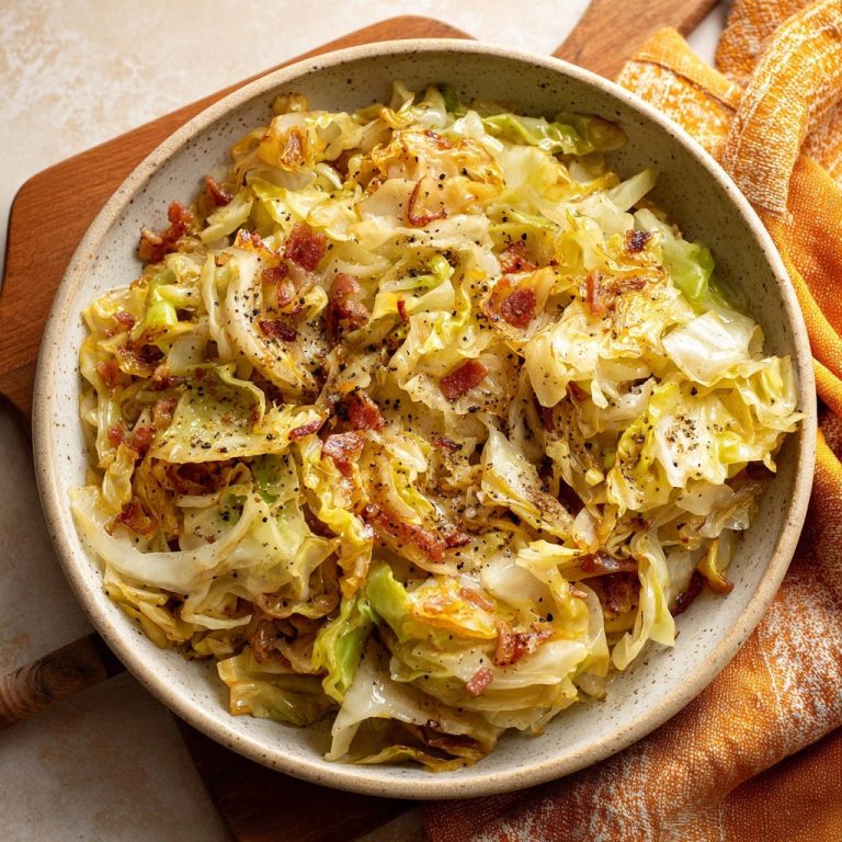 Gebratenes Kraut mit krossem Bacon in einer Schüssel, mit Nahaufnahme der Textur und des Bacons.