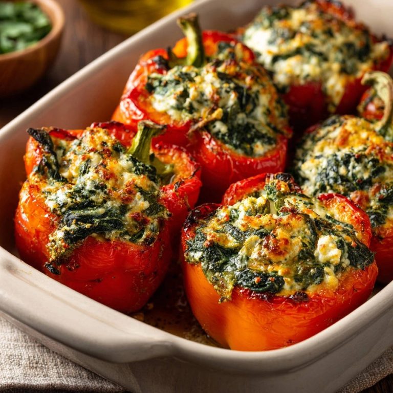 Gefüllte Paprika mit Spinat-Ricotta-Füllung, nahaufnahme der gebackenen Füllung und roten Paprika in einer Auflaufform.