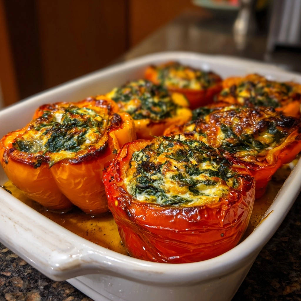 Gefüllte Paprika mit Spinat-Ricotta-Füllung in einer Auflaufform, die Füllung ist gut sichtbar