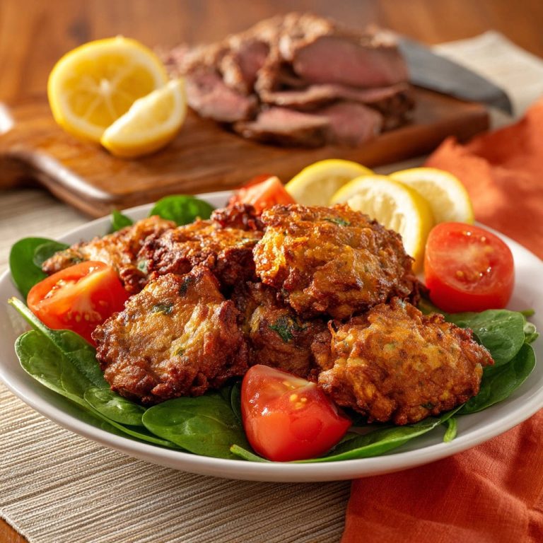 Knusprige Gemüse-Fritters auf einem Bett aus Spinat, garniert mit Tomaten und Zitronenspalten auf einem Teller.