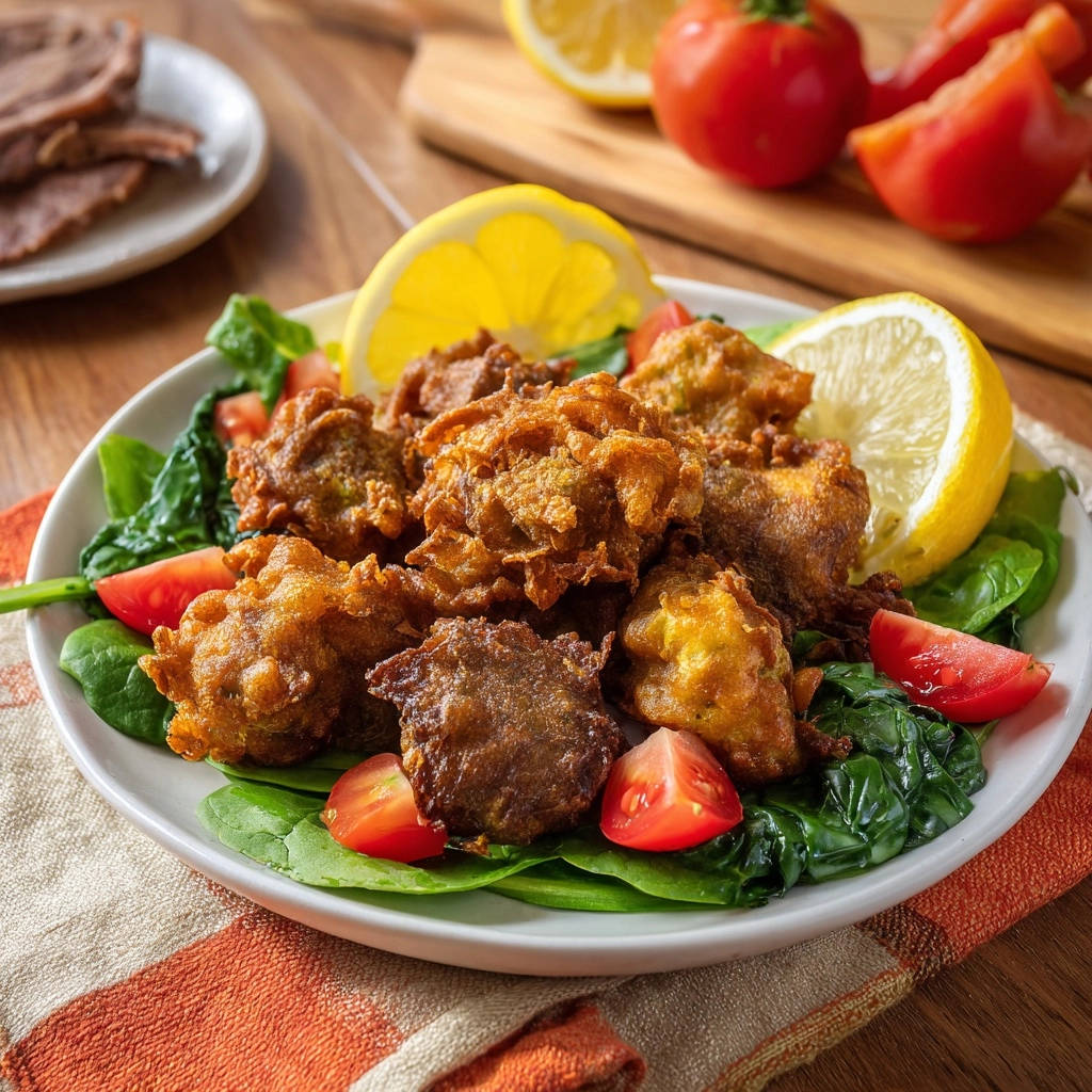Knusprige Gemüse-Fritters nahaufnahme, serviert mit Spinat, Tomatenstücken und Zitronenspalten auf einem Teller.