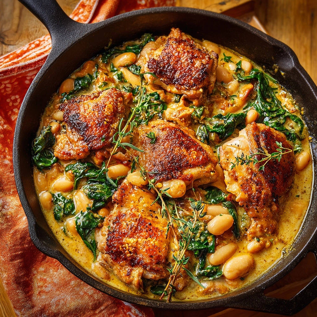 Geschmortes Hähnchen mit weißen Bohnen und Spinat, eine Nahaufnahme der knusprigen Hähnchenhaut und der cremigen Sauce.