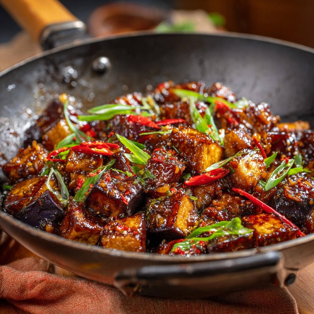 Glasierte Wok-Aubergine, nahaufnahme von den würfeln mit roten Chilis und Frühlingszwiebeln garniert