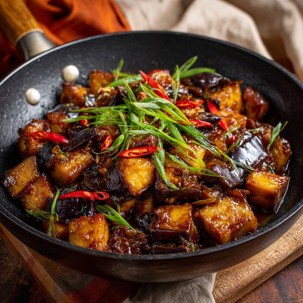 Glasierte Wok-Aubergine, garniert mit frischen Frühlingszwiebeln und roten Chiliringen in einer Pfanne.
