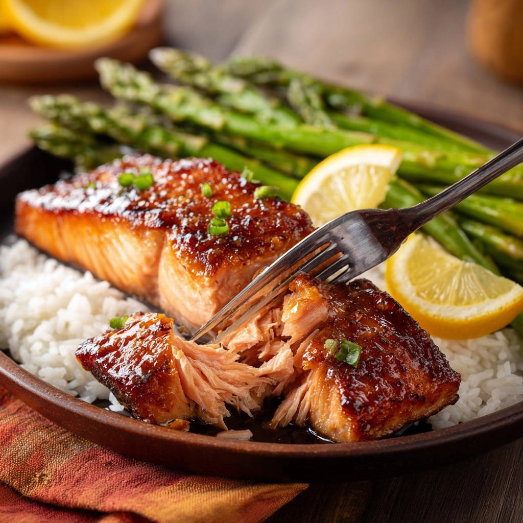Glasierter Lachs mit Spargel und Reis, angeschnitten mit einer Gabel, die die saftige Textur zeigt.