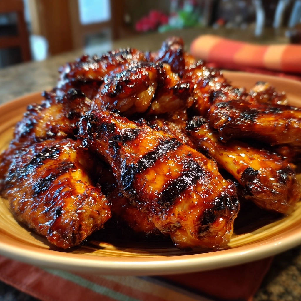 Glänzende Honig-Knoblauch-BBQ-Flügel mit perfekt gegrillter, karamellisierter Glasur in Nahaufnahme.