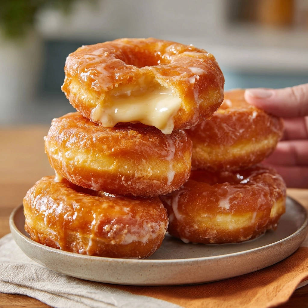 Goldbraune Donuts mit cremiger Vanillefüllung, ein Donut ist angeschnitten und zeigt die cremige Füllung.