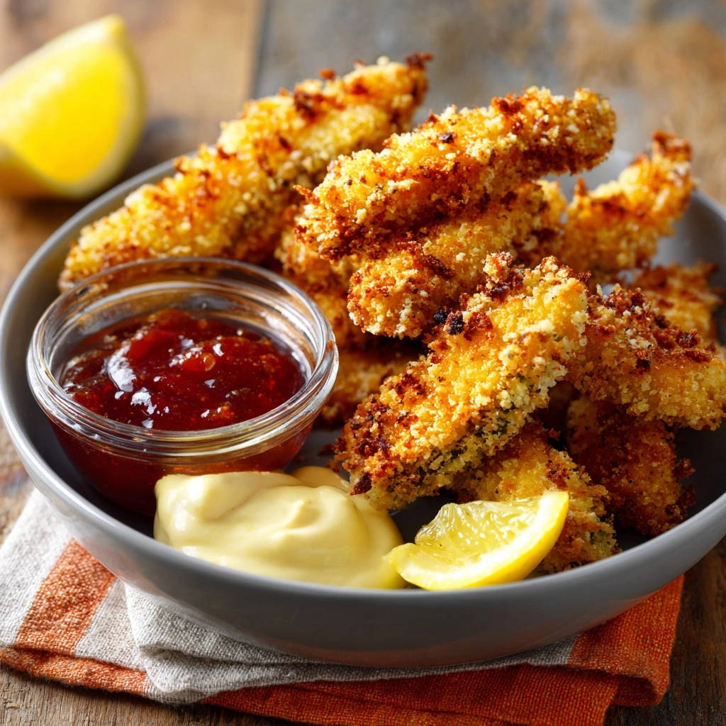 Goldbraune Hähnchen-Strips mit knuspriger Panade, serviert mit Dips und Zitronenspalte auf einem Holztisch.