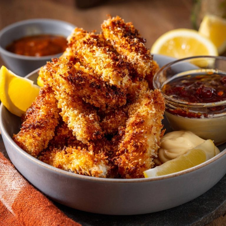 Goldbraune Hähnchen-Strips mit knuspriger Panade, serviert mit Dips und Zitronenspalten.