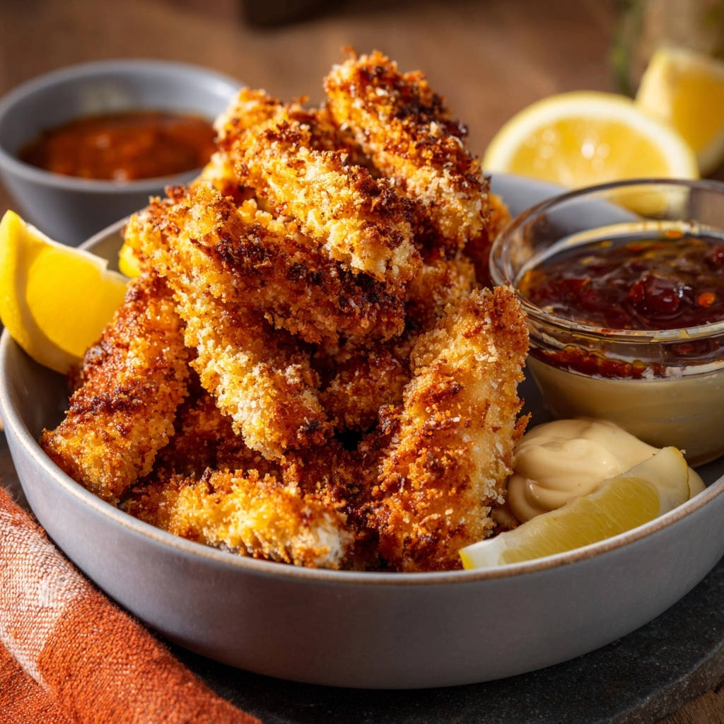 Goldbraune Hähnchen-Strips mit knuspriger Panade, serviert mit Dips und Zitronenspalten.