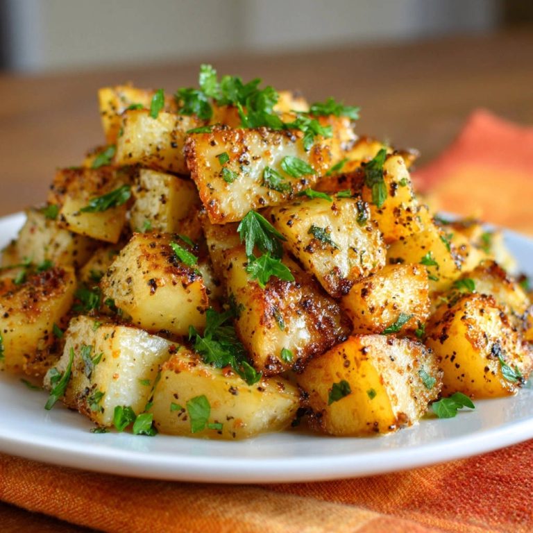 Goldbraune Kräuter-Ofenkartoffeln, nahaufnahme der knusprigen Kartoffelwürfel mit frischer Petersiliengarnitur.